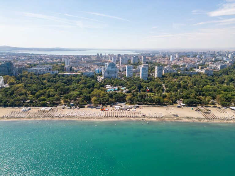 Aerial view of Burgas central beach and sea garden, Bulgaria