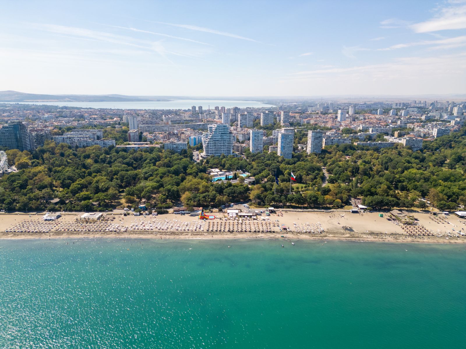 Aerial view of Burgas central beach and sea garden, Bulgaria