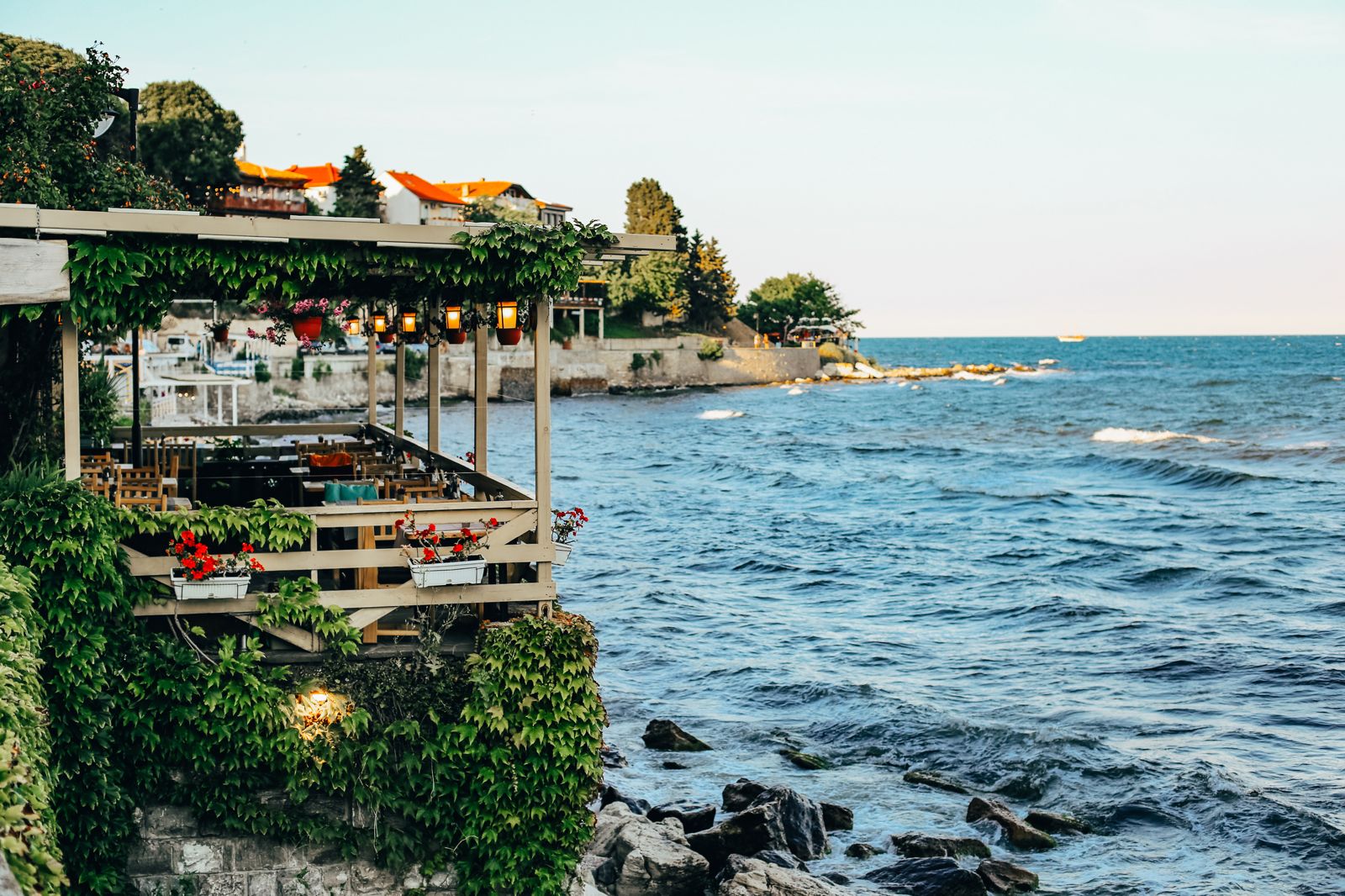 Side view of the sea and Nessebar Old Town, Bulgaria