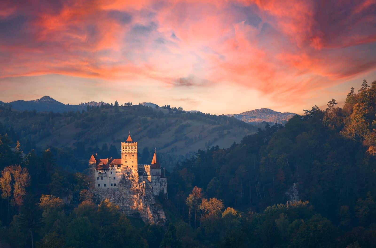 Bran Castle againt a moody sunset, Transylvania